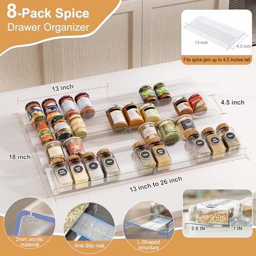 8-Pack Spice Drawer Organizer, Expandable Acrylic Seasoning Rack (13" to 26") with Anti-Slip Mat, Kitchen Spice Rack Holds up to 56 Jars (Jars Not Included) - size: 8-Pack