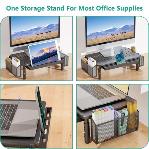 WALI Dual Monitor Stand with Storage, Desk Organizer with Drawer and Pen Holder, Desk Monitor Riser 3 Height Adjustable, Laptop Riser for Computer, Laptop, Printer (STT003DH-2B), 2 Pack, Black - color: Black 2 Pack, size: with Drawer and Pen Holder