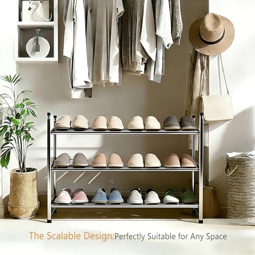 3 Tier Shoe Rack for Closet Metal Wide Retractable Stackable Shoe Storage Organizer for Closet Entryway Small Spaces 24.4 x19.69 x9 Inches