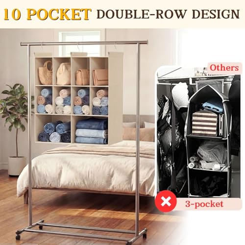 Ofiray-home 3 Tier Hanging Closet Organizer, 10 Compartments Sweater Organizer for Closet with 3 Sturdy Hooks, Closet Organizers and Storage, Wardrobe, Rv, Garment Rack, Beige - color: Beige, size: 3-Tier