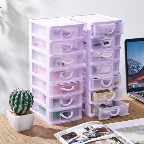 Thyle 2 Pcs Plastic Drawers Organizer Mini Organizer Stackable Plastic Clear Drawer Storage Box Containers Storage Units for Desktop Classroom Craft 6.7 x 4.9 x 13.4 inches(Purple) - color: Purple