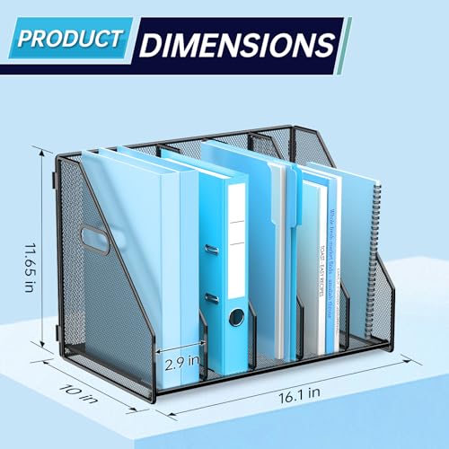 MINDEPOT Desk File Organizer Metal Desk Magazine Folder Holder with 5 Vertical Compartments Rack File Organizer for Office, Home, School, Black - color: Black