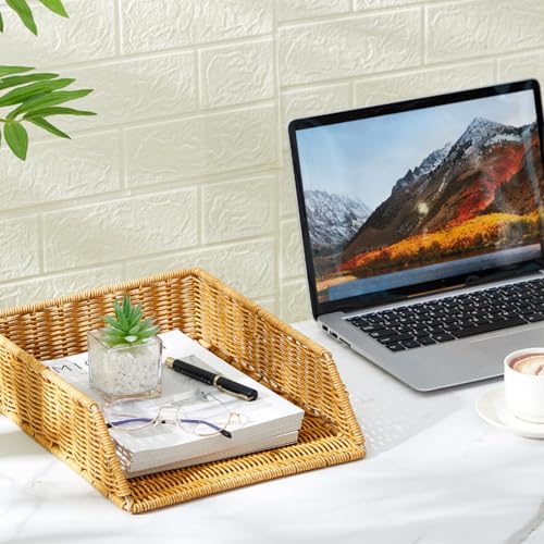Yeaqee 2 Pcs Paper Tray Organizer for Desk Woven Letter File Organizer A4 File Tray Desk Paper Basket Letter Size Imitation Rattan Holder Organization Rack for Office Storage(Brown,Sleek Style) - style: Sleek Style