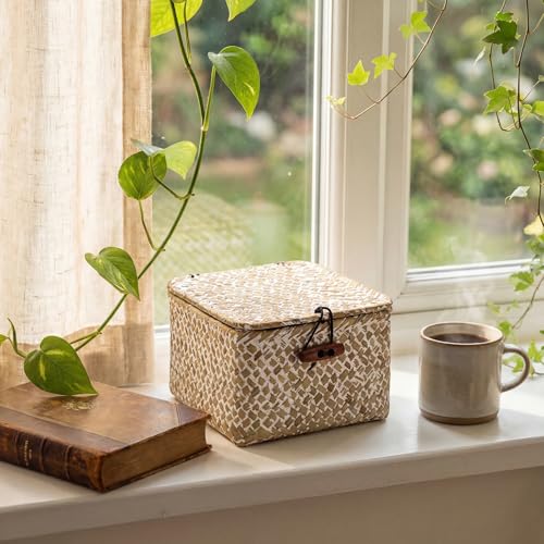 Hipiwe Handwoven Seagrass Basket Decorative Shelf Basket with Lid Mini Wicker Storage Box for Key Hair Ties, Whitewash 4.7" x 4.7" x 3" - color: Whitewash color, size: 4.7" x 4.7" x 3"