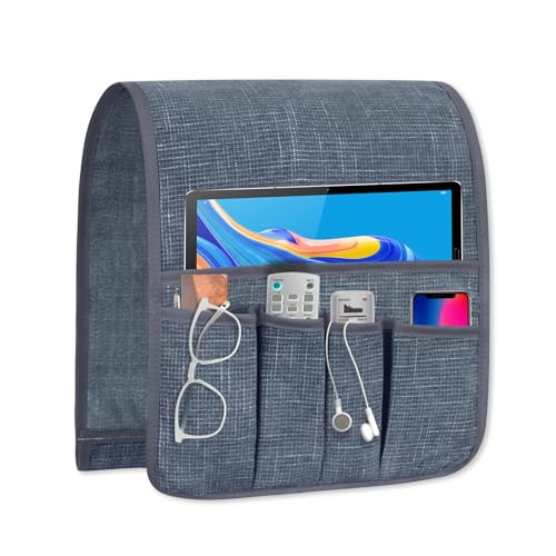 Couch Armrest Remote Control Holder, Couch Caddy Gifts for Seniors Bed Caddy Tv Remote Holder with 5 Pockets for Key Glasses Phone Magazine Holders - color: Grayish Blue