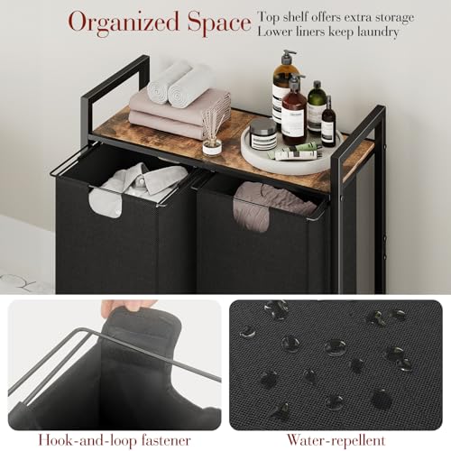 Kitstorack Laundry Basket Organizer, Laundry Hamper with Shelf & 2 Pull-Out Removable Bags, Dirty Clothes Hamper Organizer for Laundry Room Bathroom and Dorm, 2 x 11.8 gallons (44.5L) - color: Rustic Brown、Black, size: 2 Bags(28.4"L x 12.6"W x 27.6"H)