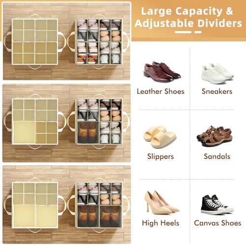 NestOrganix 2 Pack Shoe Organizer for Closet, Large Shoe Box Storage Containers, Foldable Shoe Storage Organizer Box Bin with Adjustable Dividers and Clear Cover, Space Saving Shoes Holder, Beige - color: Beige