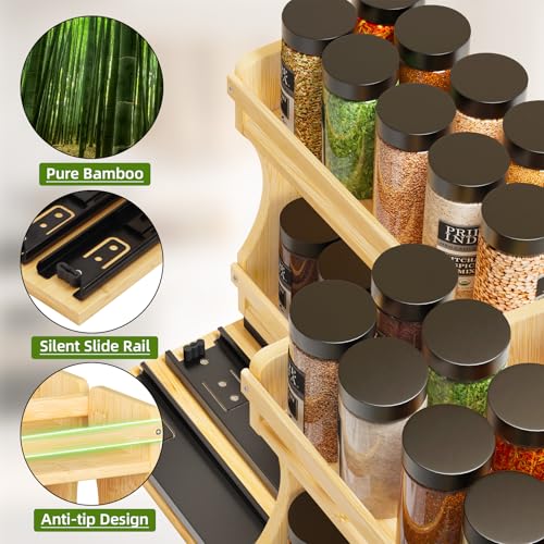 BAMEOS Pull Out Spice Rack Organizer for Cabinet, Bamboo Wide 9" Slide Out Seasoning Organizer for Kitchen, No Drill Anti-Tip Ball Bearing Silent Glides, Pantry Cabinet Organizer, Natural - size: 9" Wide, 2 Drawers