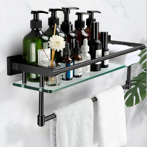 20-inch Glass Shelf with Towel bar, Matte Black-Finished Rail, Rectangular Stainless Steel Shelf, Wall-Mounted Storage Rack - color: Matte Black, size: 20-inch with Railing