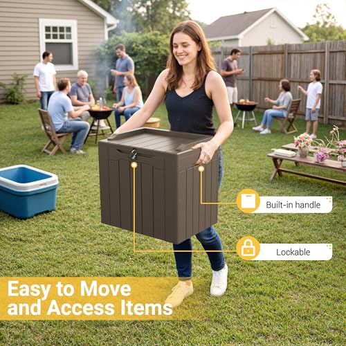 Greesum Outdoor Storage Box 31 Gallon Storage Box with Lid for Patio Furniture, Garden Tools, Pool Supplies, Waterproof and UV Resistant, Lockable, Dark Brown - color: Dark Brown, size: 31 Gallon