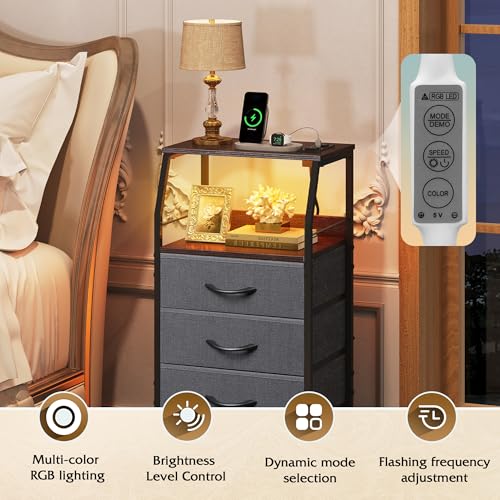WLIVE Nightstand with Charging Station, Night Stand with LED Light, Tall 4 Drawer Dresser for Bedroom, 37" H Bedside Table with Fabric Storage Bins, Open Wood Shelf, Metal Frame, Dark Grey - color: Dark Grey, size: 4 Drawers