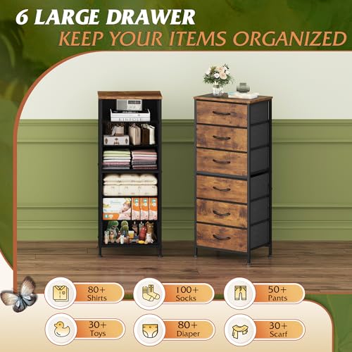 WLIVE Tall Dresser for Bedroom, 6 Drawer Vertical Fabric Dresser, Skinny Chest of Drawers, Narrow Storage Tower with Wood Top and Metal Frame, Tall Nightstand for Closet, Rustic Brown Wood Grain Print - color: Rustic Brown Wood Grain Print, size: 11.73"D