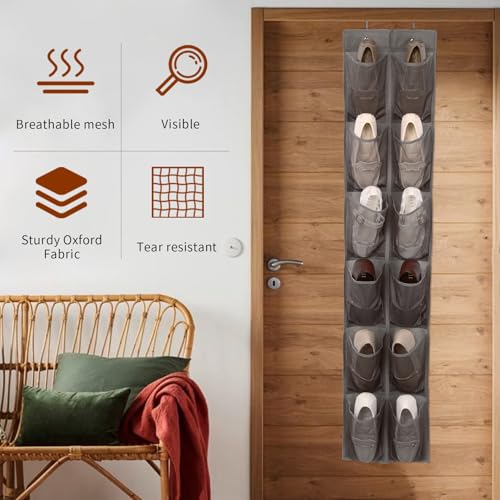 GOMAJI 12 Large Pockets Over The Door Hanging Shoe Organizer, LIGHT BROWN COLOR
