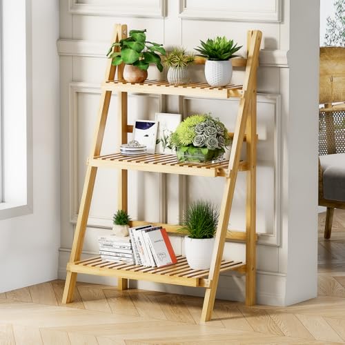 Foldable Ladder Shelf 39.4", Plant Shelf 3 Tier, Bamboo Ladder Flower Pot Display Shelf, Freestanding Ladder Bookshelf for Living Room, Balcony, Yard, Garden, 23.6"W x 15"D x 39.4"H, Natural - color: 3-tier Natural