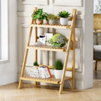 Foldable Ladder Shelf 39.4", Plant Shelf 3 Tier, Bamboo Ladder Flower Pot Display Shelf, Freestanding Ladder Bookshelf for Living Room, Balcony, Yard, Garden, 23.6"W x 15"D x 39.4"H, Natural - color: 3-tier Natural