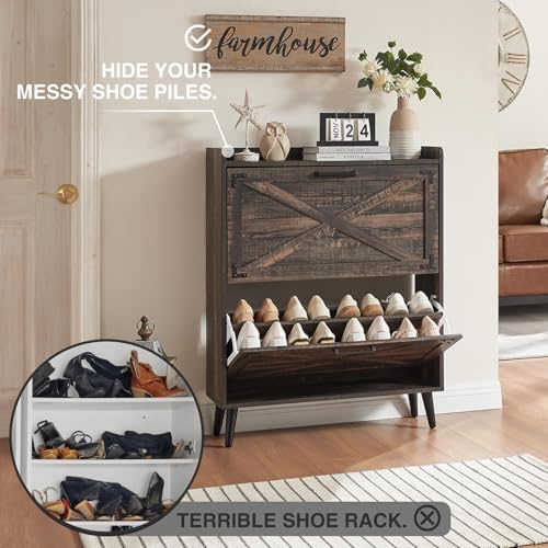 Barnyatoh Shoe Storage Cabinet,Farmhouse Shoe Organizer with 2 Flip Drawers & Barn Door Design,Freestanding Hidden Slim Narrow Shoe Rack Cabinet for Entryway,Foyer,Hallway,Dark Oak - color: Dark Oak, size: 2-Drawers