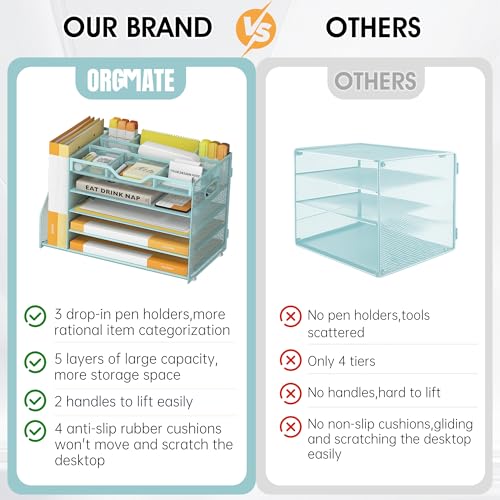 5 Tier Paper Letter Tray with File Holder and 3 Drop-in Pen Holders, Mesh Desk File Organizer with Handle, Desk Organizers and Accessories for School,Home, Office Supplies Storage-Blue - color: 5 Tier with File Holder-Blue, size: 15.4" x 9.1" x 10.3"