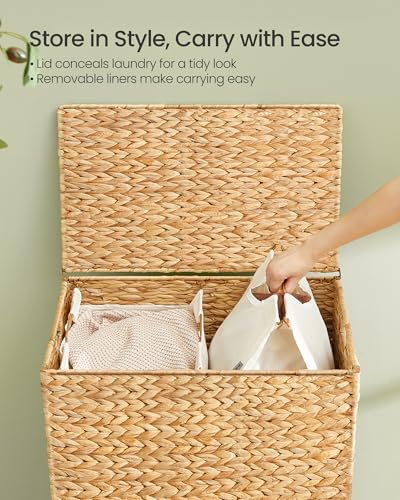SONGMICS Laundry Hamper 2 Sections, 34.3 Gal. (130 L) Handwoven Water Hyacinth Wicker Laundry Basket with Lid, Natural Material, Removable Machine Washable Liners, Handles, Natural ULCB202Y01 - color: Natural, size: 130 L (Handwoven)
