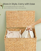 SONGMICS Laundry Hamper 2 Sections, 34.3 Gal. (130 L) Handwoven Water Hyacinth Wicker Laundry Basket with Lid, Natural Material, Removable Machine Washable Liners, Handles, Natural ULCB202Y01 - color: Natural, size: 130 L (Handwoven)