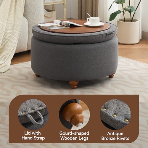 WUTUTUEE 30Inch Round Storage Ottoman with Tray, Modern Tufted Fabric Circle Coffee Table with Storage, Upholstered Ottoman with Removable Top for Living Room, Bedroom, Dark Grey - color: Dark Grey, size: 30 Inch