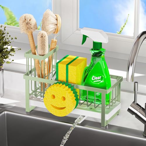 Sponge Holder for Kitchen Sink,Sink Caddy with Removable Dish Brush Holder,Self-Draining Kitchen Countertop Organizers and Storage Essentials,Soap Dispenser Organize and Home Decor-Green - color: 1 Tier Green-Tray