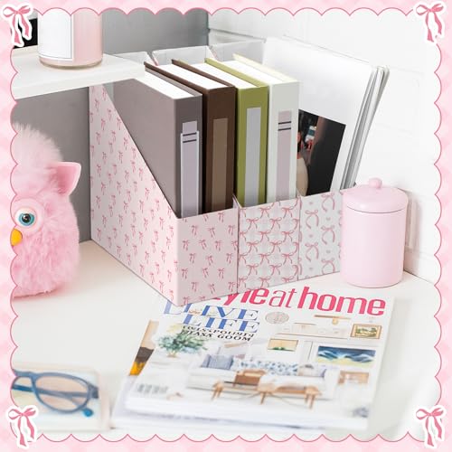 AmazingSpark Set of 4 Pink Bow Magazine File Holder Decorative Foldable Cardboard Magazine Storage Boxes with Acrylic Label Holders Coquettish Boho Organizer for Office Home Organization Storage - style: Pink Bow