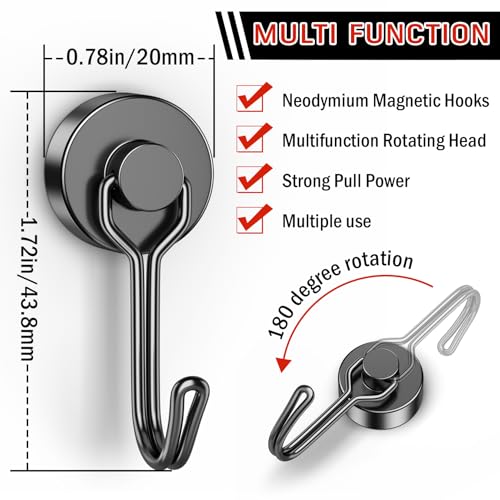 FINDMAG Magnetic Hooks, 40Lbs+ Strong Magnet Hooks for Cruise Cabins, Powerful Neodymium Magnets with Hooks for Hanging, Swivel Swing Black Magnetic Hooks for Fridge, Whiteboard, Kitchen, Toolbox - color: Black, size: 6Pack 40Lbs+