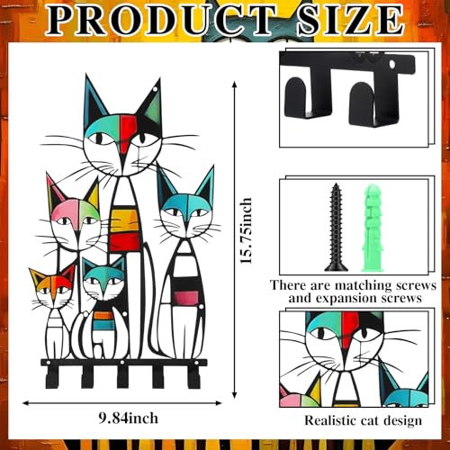 Mid Century Wall Mounted Coat Rack with 5 Hooks Retro Colorful Cat Wall Art Decor Decorative Black Metal Hanger for Coats, Hats, Bags, Keys, Towels for Home, Bathroom, Office (Classic) - style: Classic