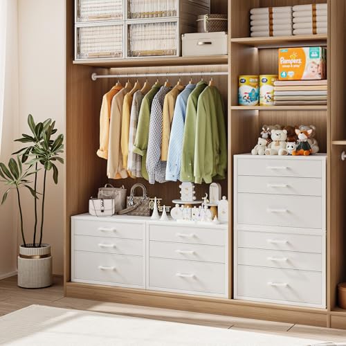 Closet Drawers Set of 2, White Closet Organizer with 3 Fabric Drawers, Stackable Storage Drawers for Closet, Bedroom, Dorm (White)