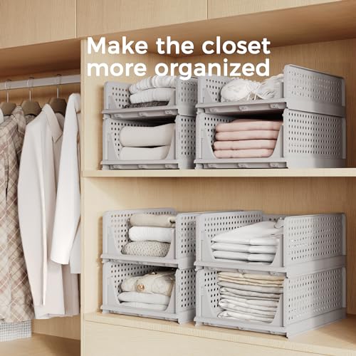 Pinkpum 5 Pack Folding Closet Organizers Storage Box, Stackable Plastic Drawer Basket for Clothing, Stackable Storage Bins Shelf Storage Container for Closet Wardrobe Bedroom Bathroom Office (Grey) - color: Grey