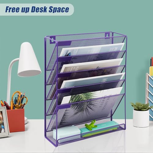 EASEPRES Desk File Organizer Mesh 6-Tier, Hanging Wall Mount Document Organization Stand, Desktop Vertical Mail Paper Folder Holder Rack with Bottom Tray for Office Home Cubicle Countertop, Purple - color: Purple, size: 6 Tier