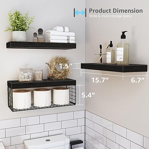 QEEIG Bathroom Shelves Over Toilet - Wall Mounted Floating Shelves Toilet Paper Storage Small Farmhouse Decor Shelf 16 inch Set of 3, Black (019-B3) - color: C. Black, size: 3pcs