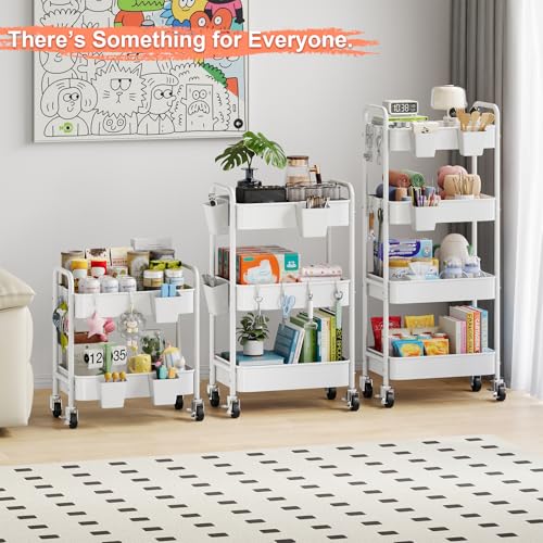 4 Tier Rolling Cart Metal with Wheels, White Four Tiered Rolling Storage Cart on Wheels, Utility Roller Carts Organizer for Art, Craft, Baby Diaper Caddy, Snack, Book, Large-Capacity Shelving Units - color: Light White, size: 4-Tier + Cups + Hooks