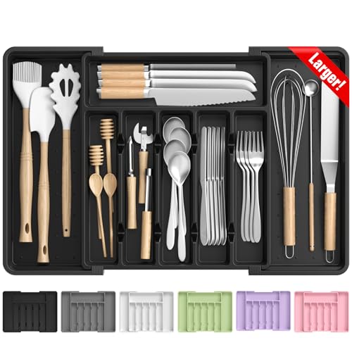 RoomHacks Large Silverware Organizer,Expandable Utensil Drawer Organizer,BPA Free Utensil Holder,Adjustable Silverware Tray Cutlery Drawer Organizer for Kitchen Flatware,Large,Black (6-8 Slots) - color: Black