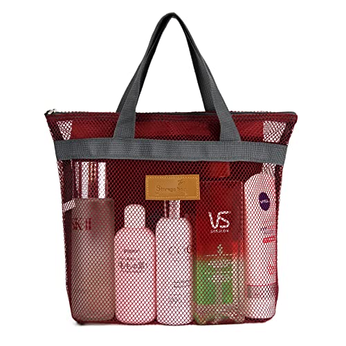 TOPASION Mesh Shower Caddy Bag Portable Hanging Toiletry and Bath Organizer with Zipper for Travel, Gym, Camping, College Dorms, Beach - color: Wine Red