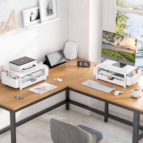 Wood Metal Monitor Stand Riser, Laptop Stand for Desk, Office Desk Organizer and Accessories, Computer Desktop Shelf with Drawer and Pen Holder, Printer Stand for Home, Office, Dorm (White Wood) - color: White Wood