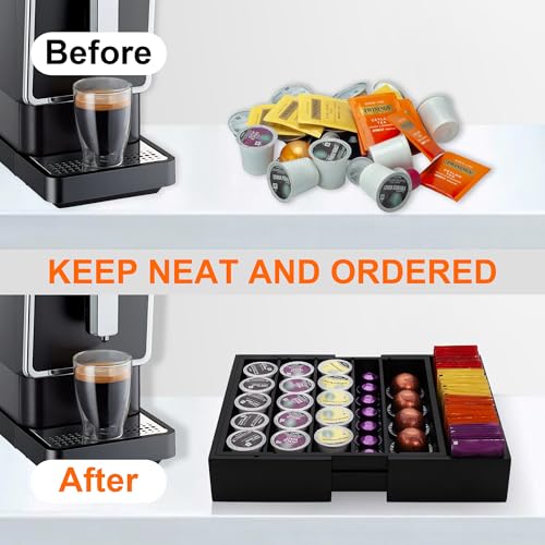 MinBoo Bamboo Drawer Organizer - Expandable K Cup & Pods Holder, Coffee Pod Storage, Tea Organizer, Versatile Kitchen Accessory Organization and Storage，Black - color: Black