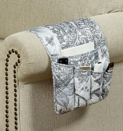 Brilliant Sunshine Grey Flowers Patchwork Couch Armrest 5 Pockets Organizer, Slip Resistant Recliner Armchair Caddy, Washable Remote Controls Holder, Storage for Magazine, Tablet, Phone, iPad, Grey - color: Medium Grey