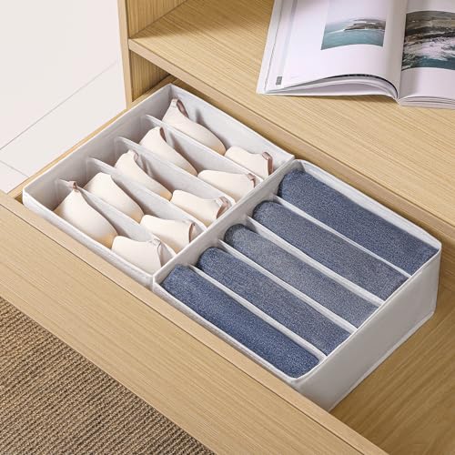 4 Packs Jeans Drawer Organizers for Clothing,5 Grids Compartment Wardrobe clothes organizer,Fabric Washable Closet Organizers and Storage Bins for Jeans,Pants,Bra,Legging,t-shirt-White - color: White