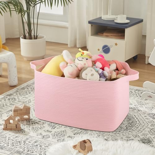 OIASKET 95L Extra Large Blanket Basket, 24" x 16.9" x 14.2" Woven Storage Basket for Living Room, Rectangle Nursery Blanket Storage for Toys, Towels, Dirty Clothes (Pink) - color: Pink, size: 24"x16.9"x14.2"
