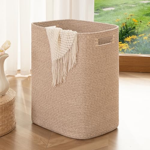 OIAHOMY Laundry Hamper, Rectangle Cotton Laundry Basket with Handles, Large Blanket Basket for Living room, Woven Decorative Storage for Toys,Clothes,Pillows-16x13x22in-Brown variegated - color: Brown variegated