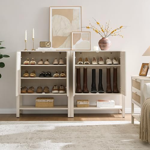 SICOTAS Rattan Shoe Cabinet with Storage - 5 Tier Farmhouse Boho Shoe Organizer Storage Cabinet with Shelves & Doors, Tall Shoe Rack Cabinet for Entryway, Living Room, Closet (White Cream Oak) - color: White Cream Oak, size: 1 Piece