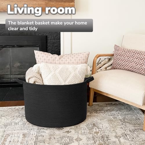 Goodpick Large Blanket Basket, 22"X 14" Woven Rope Baby Basket, Black Blanket Storage for Dirty Clothes, Kids Toy Storage Organizer Bins for Living Room - color: Black, size: 21.7x21.7x13.8 Inch (Pack of 1)