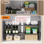 Under Sink Organizer and Storage 16.5"-30.7" Expandable Length, Adjustable Height Max 16.7" Under Sink Shelf 2 Tier with Removable ABS Panels Metal Frame for Bathroom Kitchen Pantry Cabitnet Pot Pan