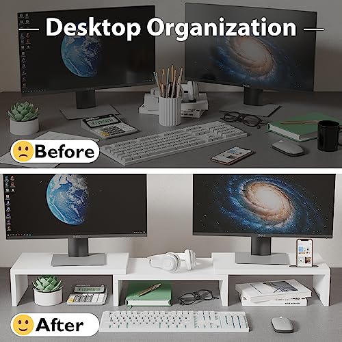 BONTEC Dual Monitor Stand Riser with Smartphone Holder, Adjustable Length & Swivel Angle, Ergonomic Wooden Desktop Organizer for PC Monitor, Laptop, Printer, Large Storage, White - color: White