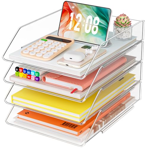 YKLSLH Simple 4 Tier Paper Organizer Letter Tray - Acrylic Stackable Desk File Organizer, Clear Paper Sorter Office Organizer for Letter/A4, Office File Ipad Books Notes Etc - color: 4 Tier-vertical