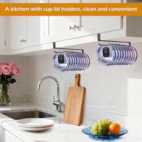 Tumbler Lid Organizer, Kitchen Space-Saving Cup Holder, Organizers for Under Cabinet Storage, No Glue or Drilling Required (black) - size: 1 Pack