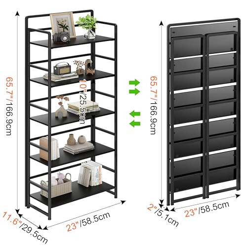 No Assembly Folding Bookshelf, 5 Tiers Collapsible Book Shelf for Home Office, Vintage Wood Foldable Bookcase Storage Organizer for Living Room Bedroom (Black) - color: Black, size: 5-tier