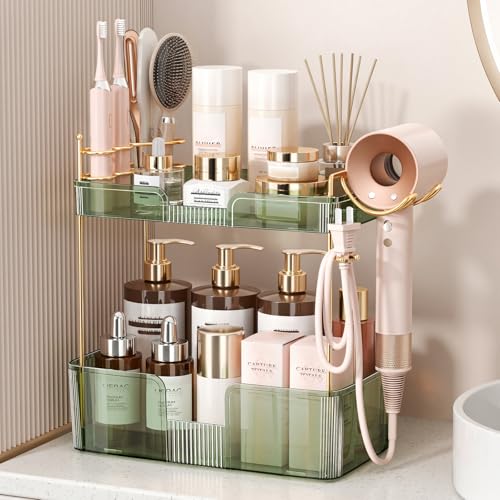 Bathroom Counter Organizer for Vanity, Makeup Organizer Countertop with Holder, Large Capacity Storage Rack, Perfect Large Skincare, Hair Care, Perfume, Easy to Install (Green, 2Tiers) - color: Green, size: 2 Tiers
