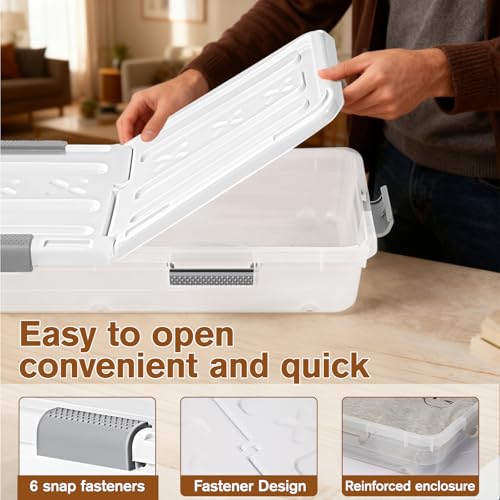 4 PCS*49 Qt Wheeled Latching Under Bed Storage, Double Opening Lids Stackable Bin with Latch Lid, Plastic Container to Organize Shoes Underbed, Clear with White Lid(White) - size: 37Quart*4PC